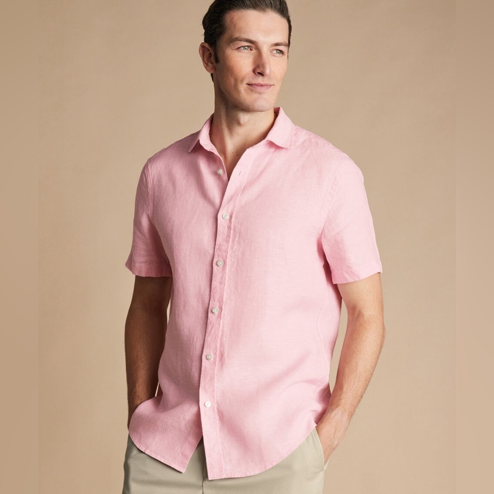 NWT Men's  Black & Brown Pink 100% Linen Short Sleeve Button-Up Shirt small